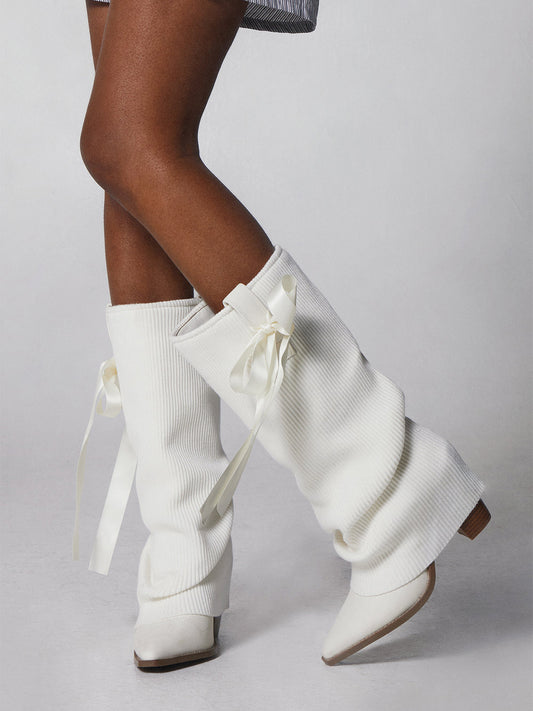 White Pointed-Toe Knitting Wool Fold-Over Wide Calf Knee High Cowgirl Boots