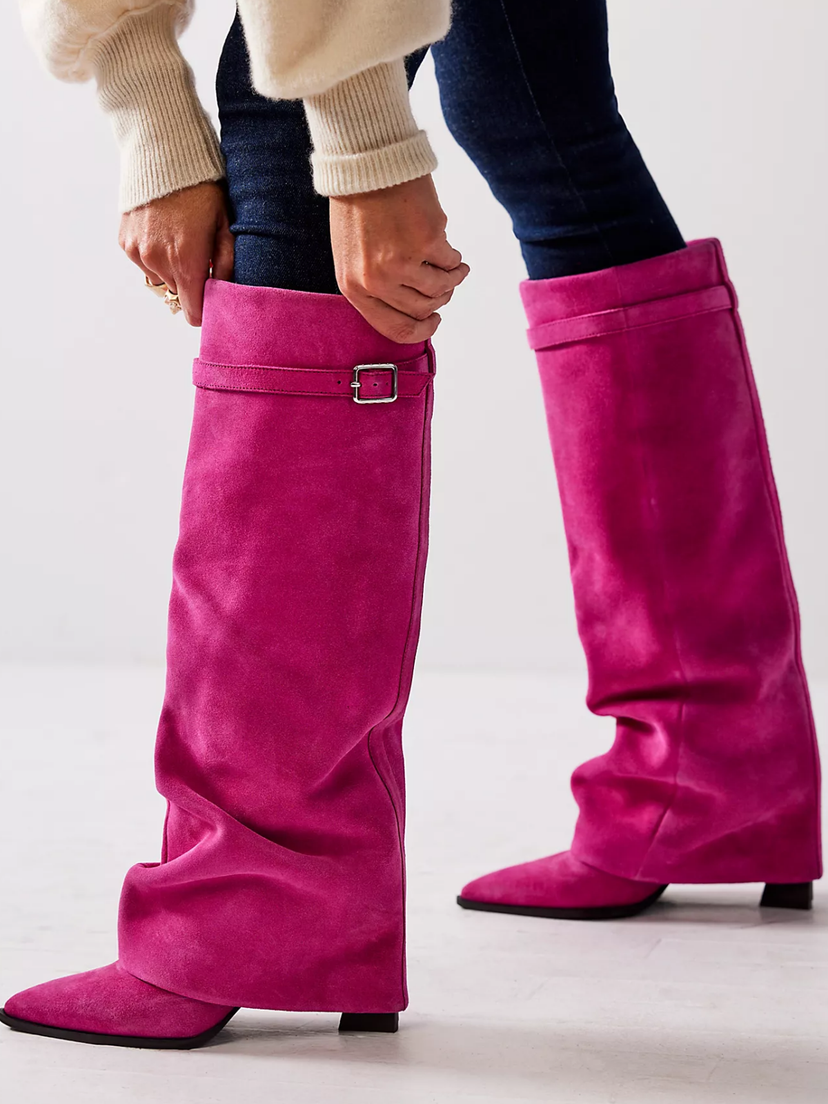 Faux Suede Pointed-Toe Buckle Fold-Over Mid Calf Boots - Fuchsia