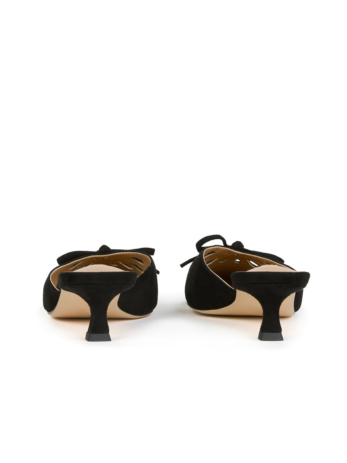 Black Faux Suede Pointed-Toe Front Cut-Out And Bow Backless Kitten Heels