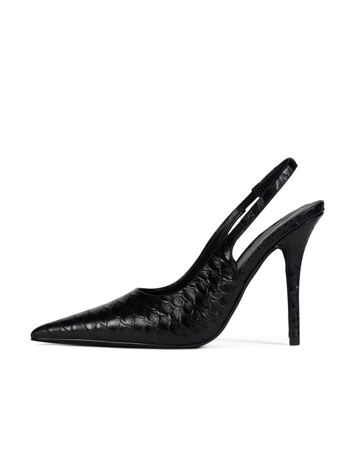 Black Snakeskin Print Pointed-Toe Slip-On Slingback Chic High Heels