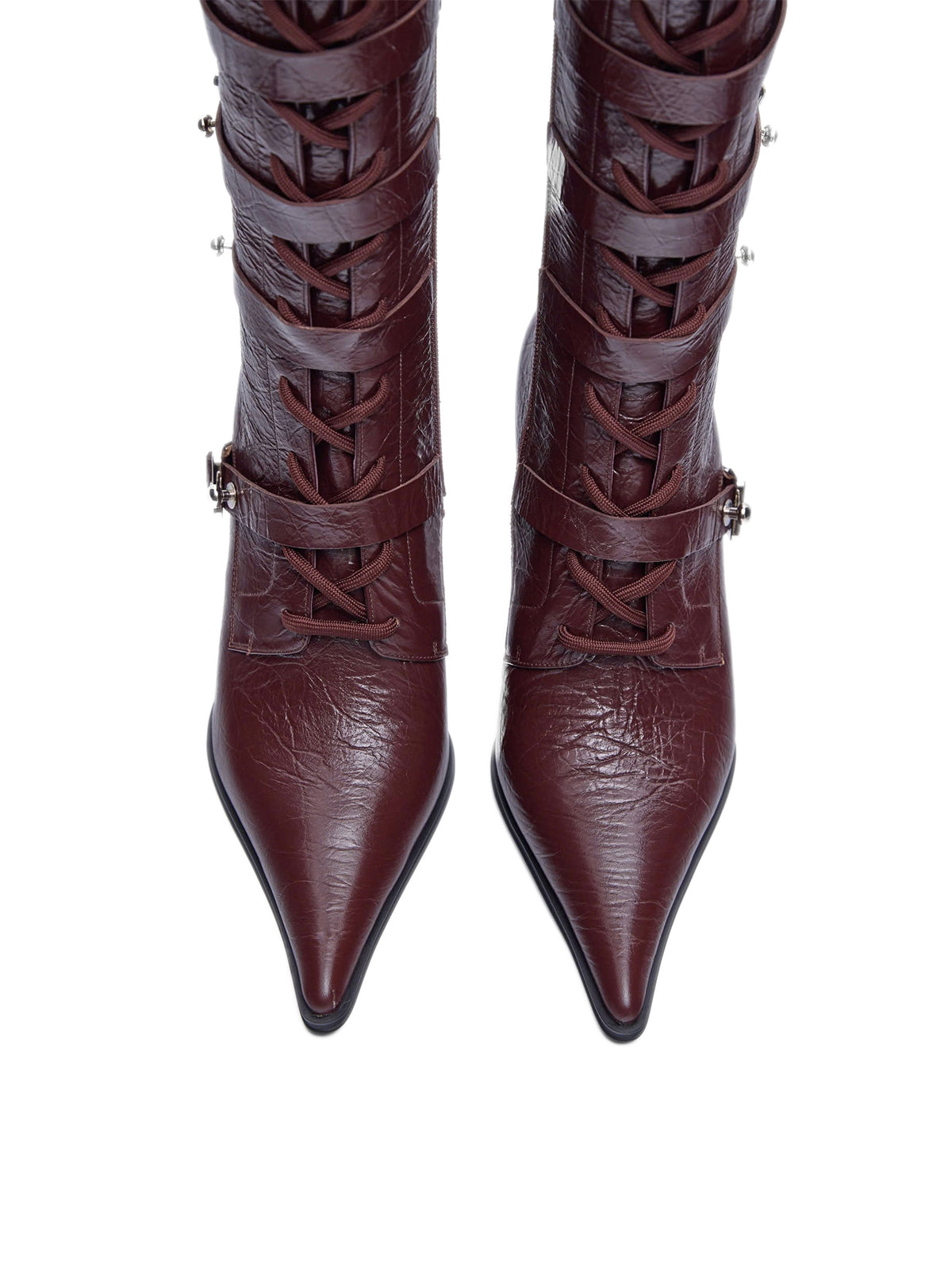Distressed Wine Red Pointed-Toe Lace-Up Full-Zip Knee High Stiletto Boots With Buckles
