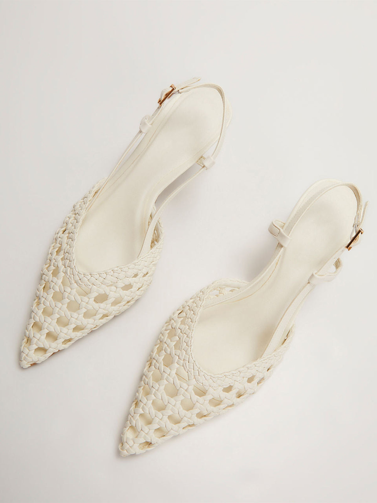 White Woven Vegan Leather Pointed-Toe Classic Slingback Pumps Kitten Heels