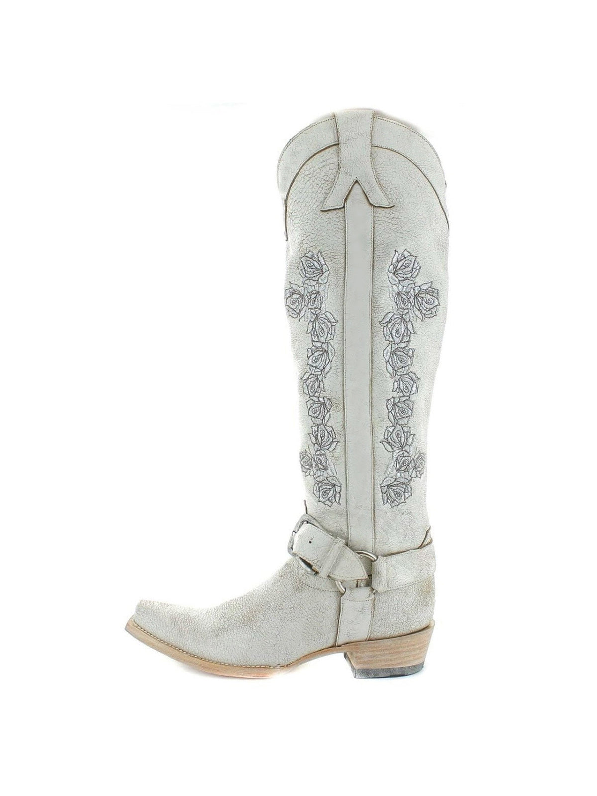 Distressed Taupe Snip-Toe Rose Embroidery Buckle Strap Half-Zip Knee High Cowgirl Boots