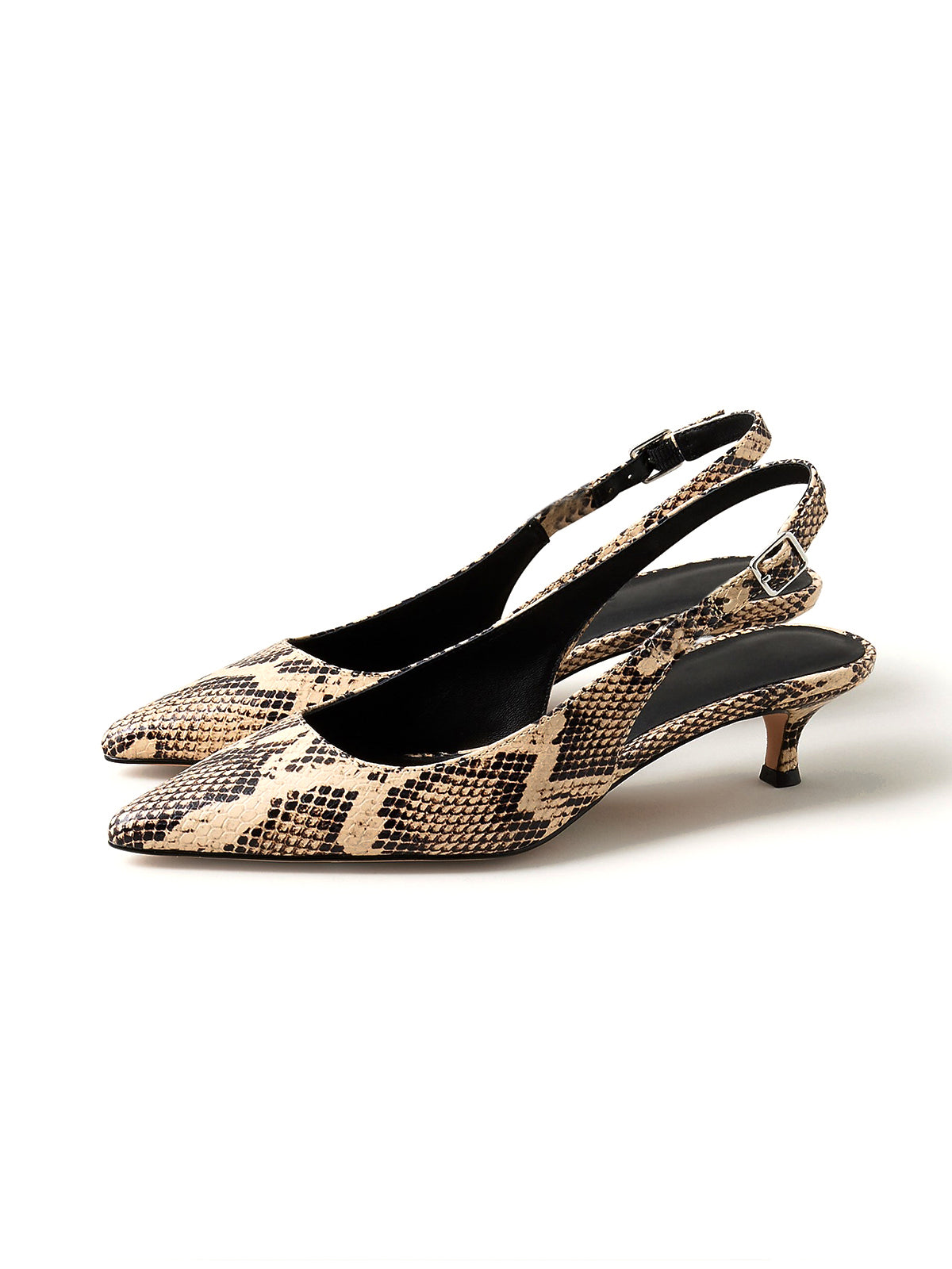 Snakeskin Print Pointed-Toe Mary Jane And Back Strap Kitten Heels
