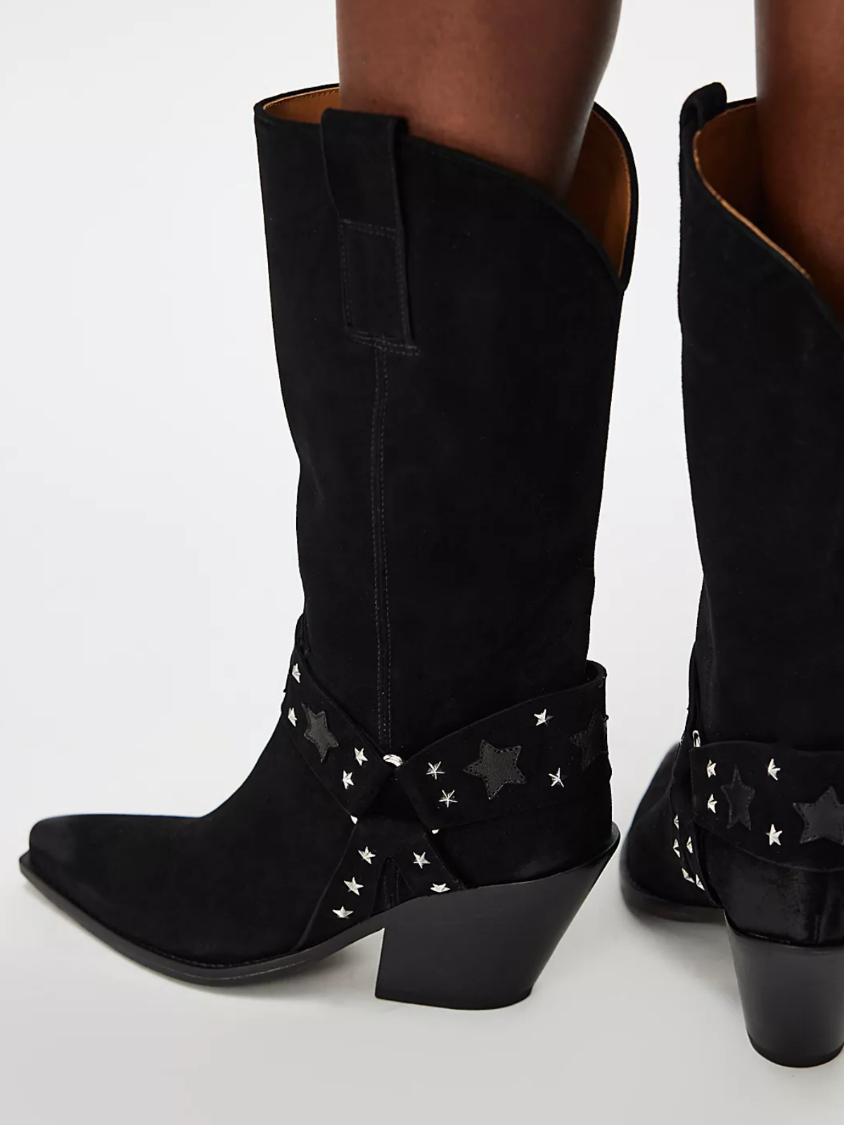 Black Faux Suede Snip-Toe Wide Mid Calf Cowgirl Boots With Star-And-Stud-Adorned Straps