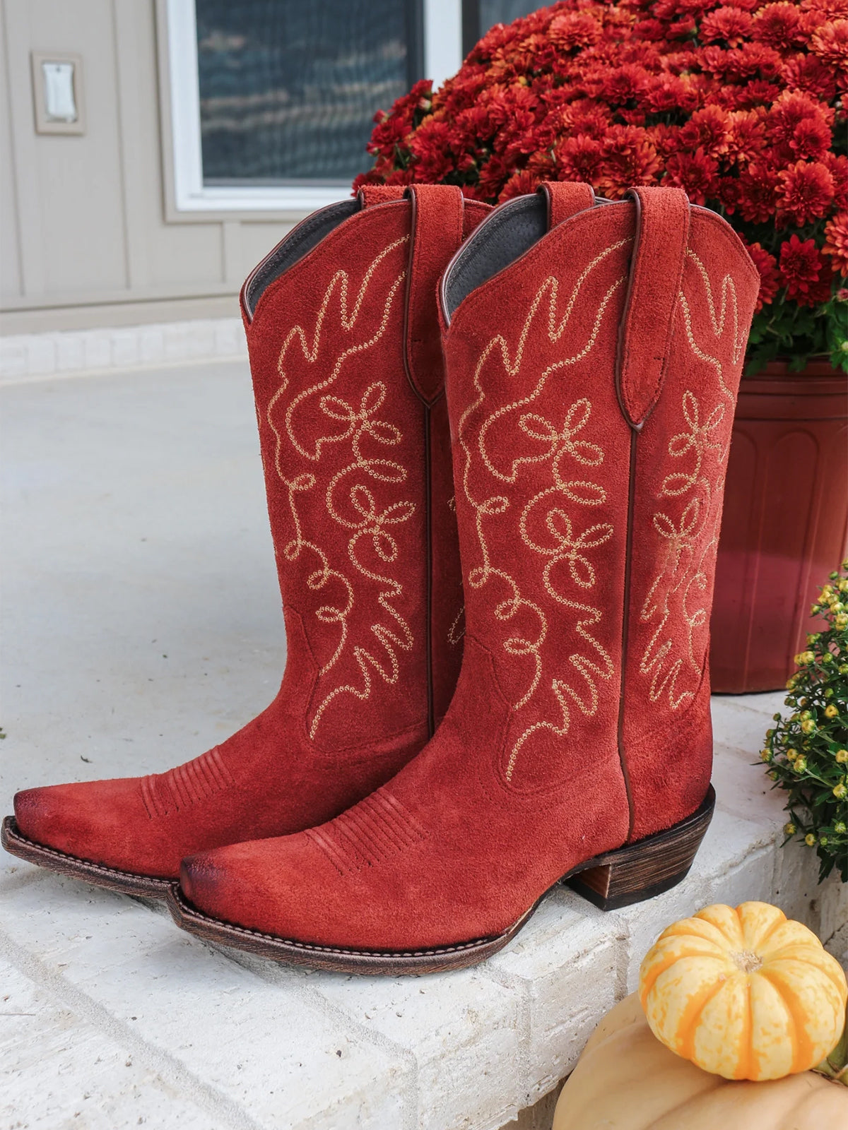 Faux Suede Embroidery Snip-Toe Wide Mid Calf Cowgirl Boots - Red