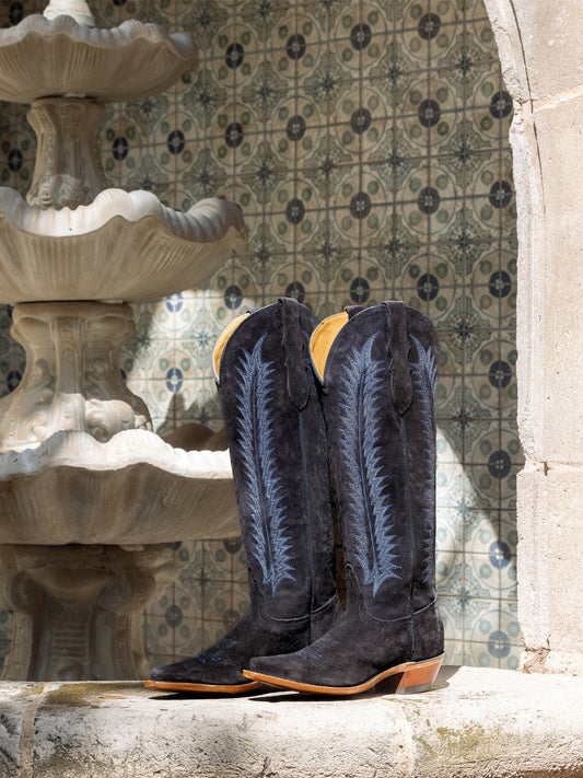 Blue Faux Suede Snip-Toe Wide Calf Embroidery Knee High Cowgirl Boots