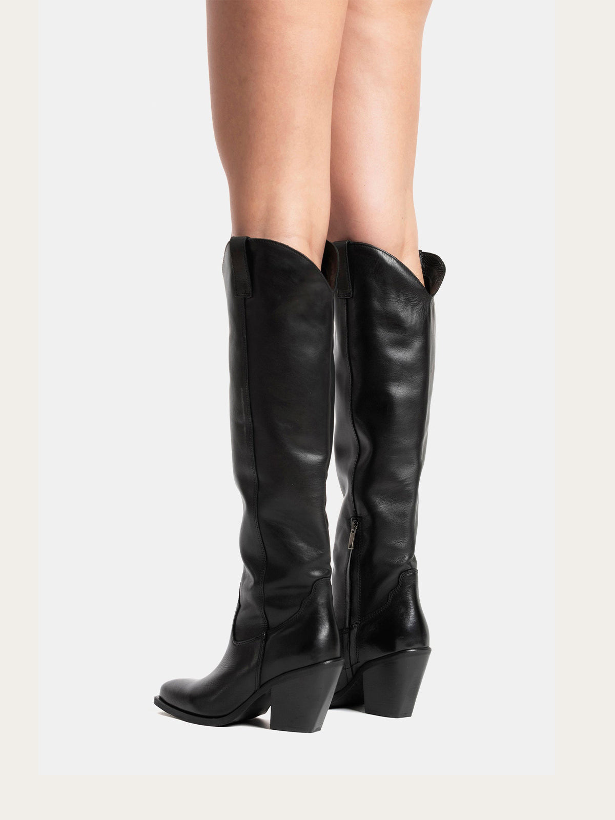 Black Classic Snip-Toe Simple Half-Zip Knee High Tall Cowgirl Boots