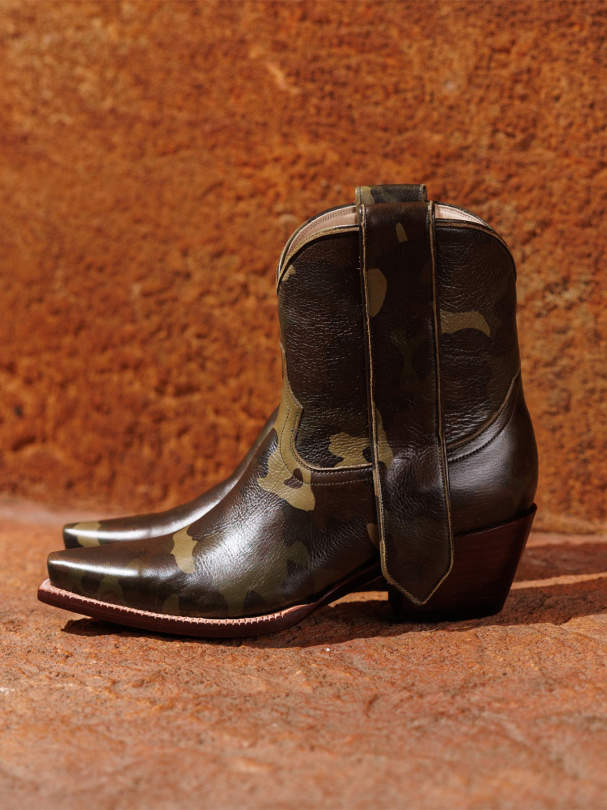 Camouflage Vegan Leather Snip-Toe Ankle Cowgirl Boots