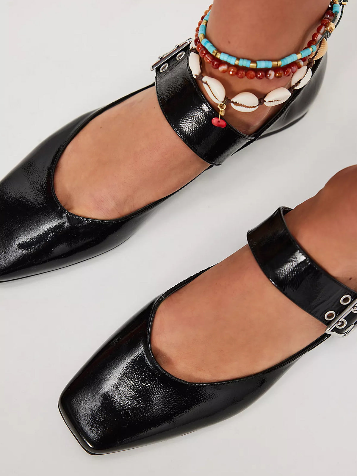 Patent Black Square-Toe Buckle Strap Flats