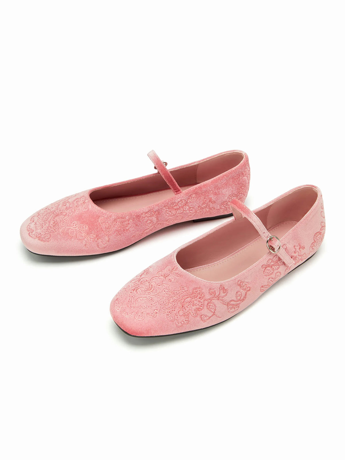 Pink Velvet Square-Toe Chic Mary Jane Ballet Flats