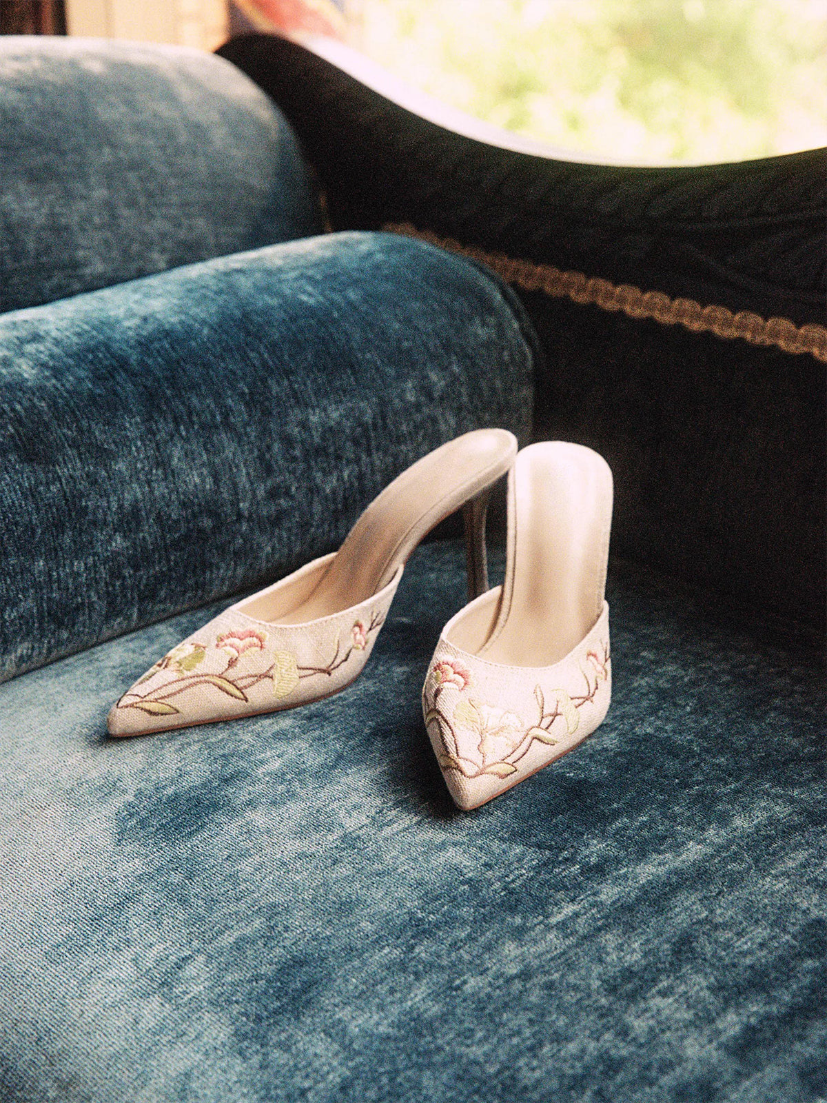 Beige Woven Canvas Pointed-Toe Flower Embroidery Slip-On High Heels