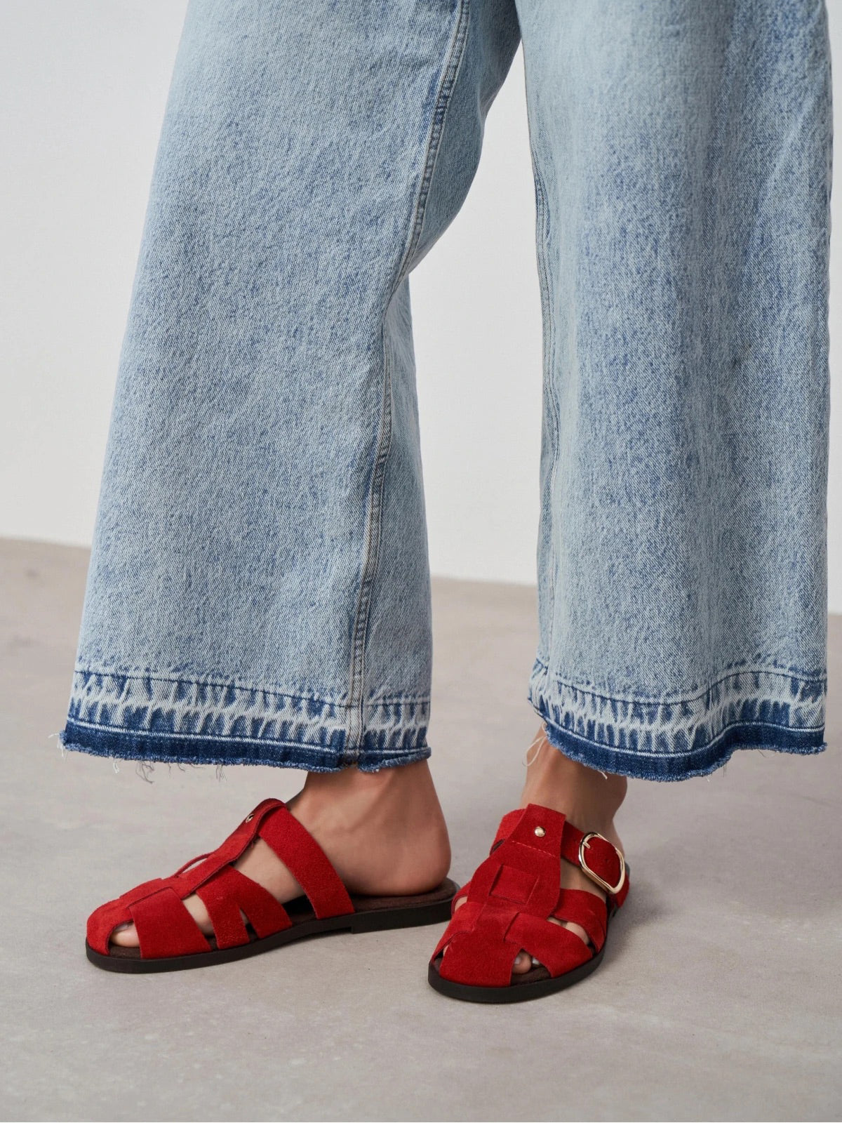 Red Cow Suede Round-Toe Caged Detail Backless Flats