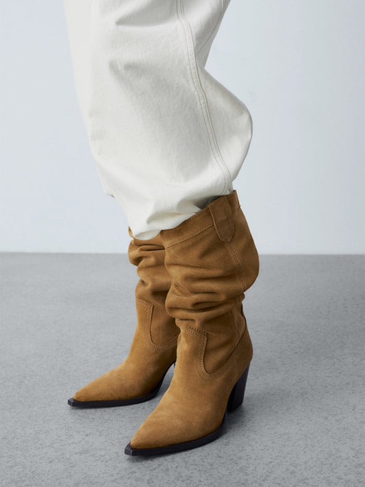 Brown Faux Suede Pointed-Toe Knee High Simple Wide Calf Cowgirl Boots