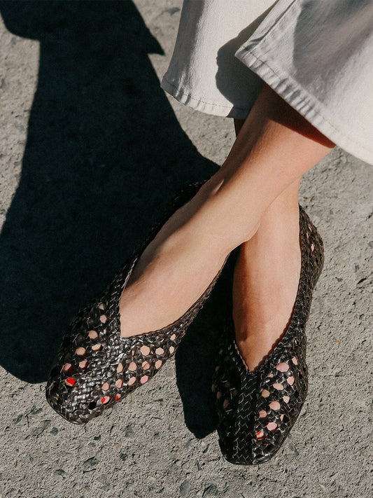 Coffee Woven Vegan Leather Square-Toe Chic Ballet Flats