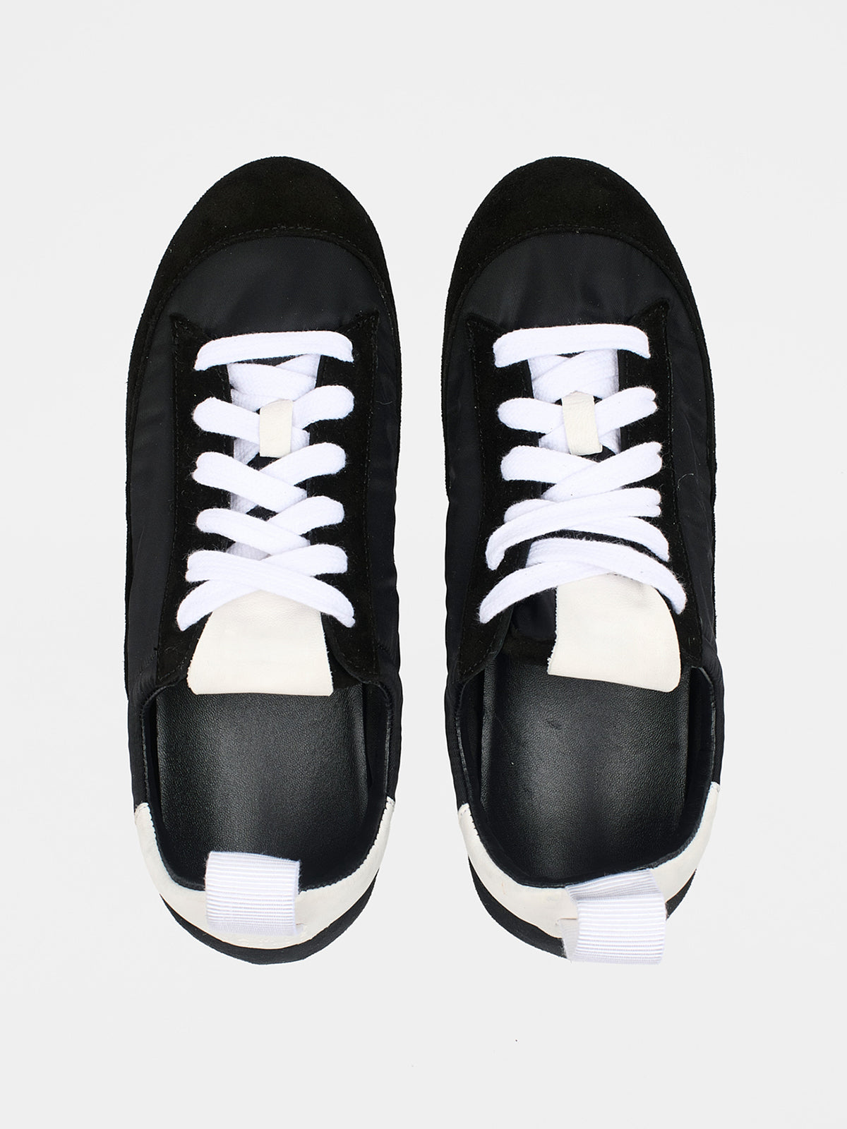 Cow Suede And Satin Round-Toe Lace-Up Chic Sneakers - Black