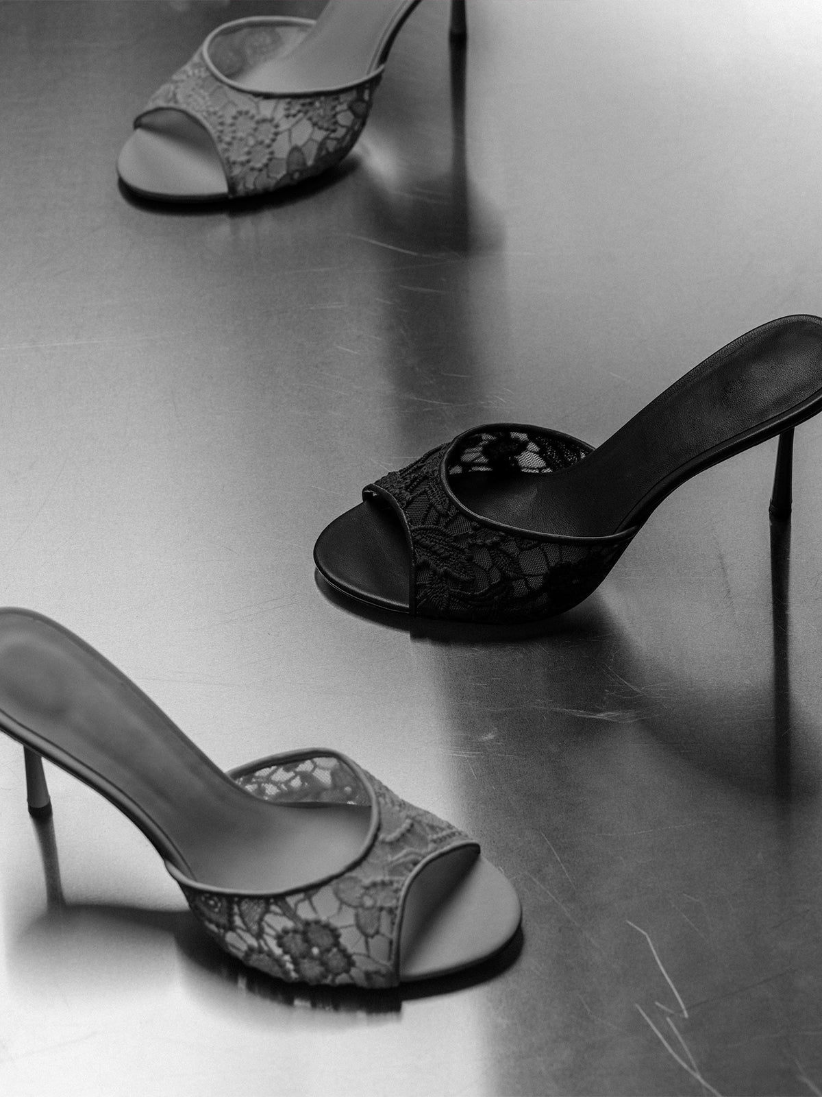 Black Lace Mesh Round-Toe Slip-On High Heels