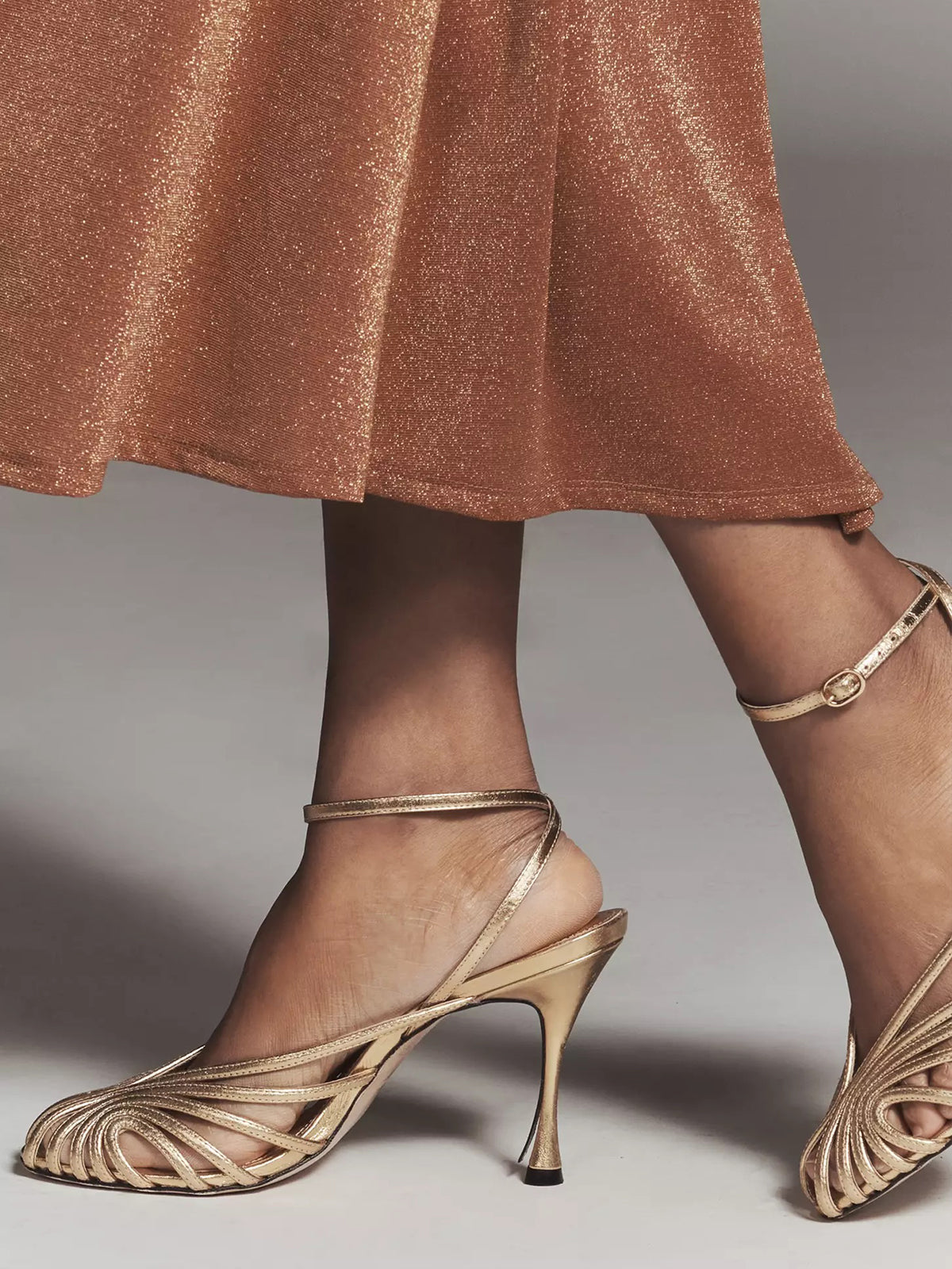 Metallic Gold Peep Pointed-Toe Slingback And Buckle Ankle Strap High Heels