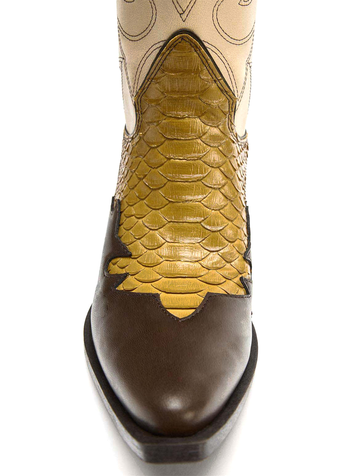 Contrast Tri-Color Almond-Toe Snakeskin Print And Inlay And Stitch Mid Calf Cowgirl Boots