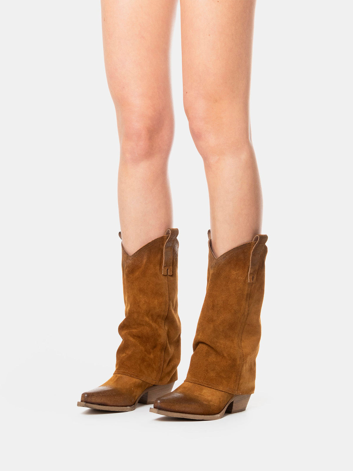 Brown Faux Suede Snip-Toe Mid Calf Fold-Over Cowgirl Boots
