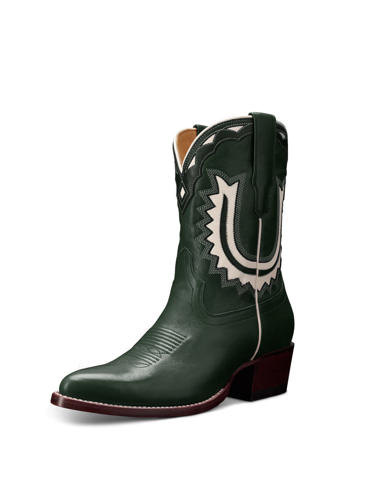 Dark Green Almond-Toe Horseshoe Inlay Cowgirl Ankle Boots