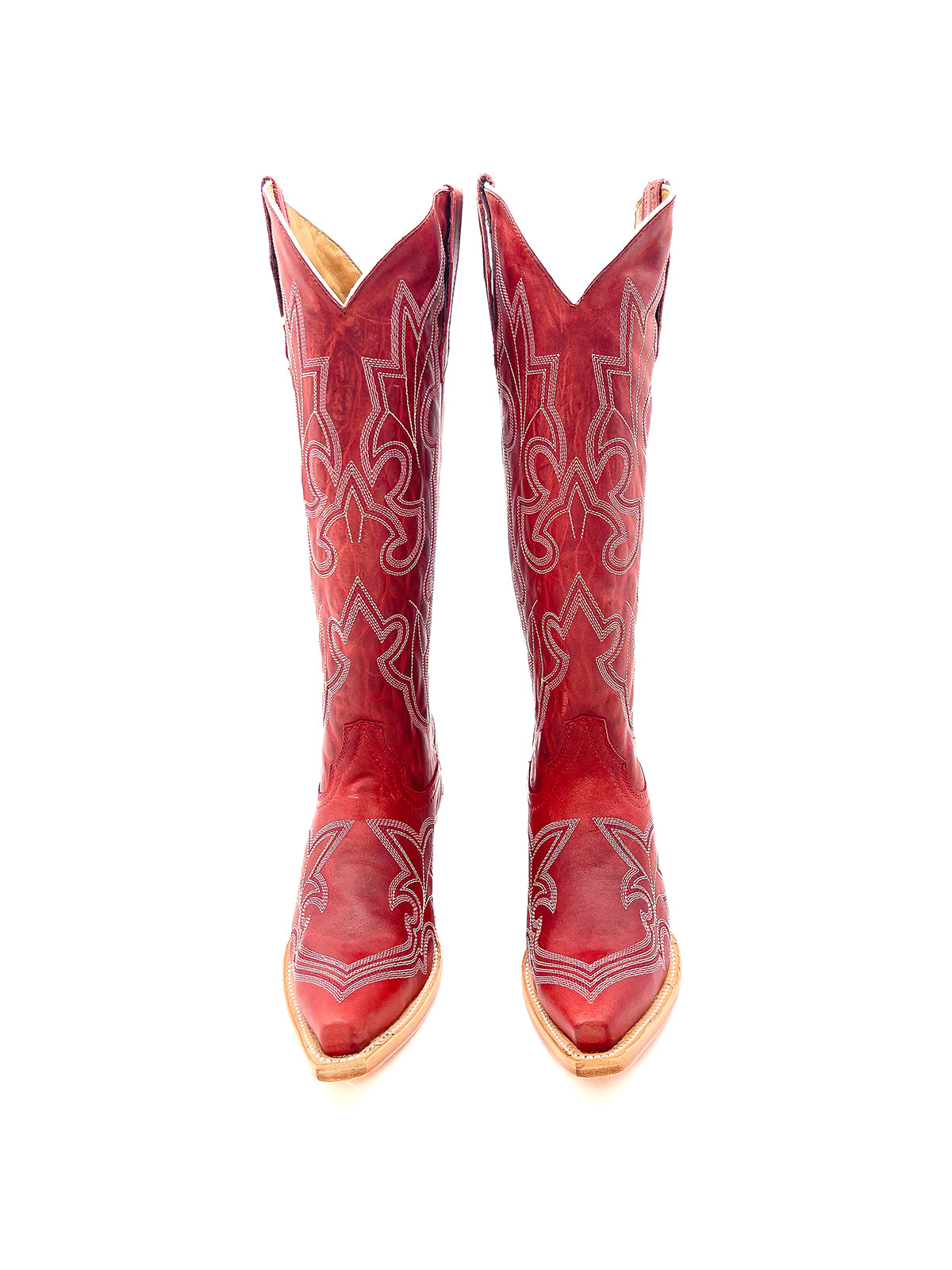 Distressed Red Snip-Toe Classic Embroidery Wide Calf Knee High Cowgirl Boots