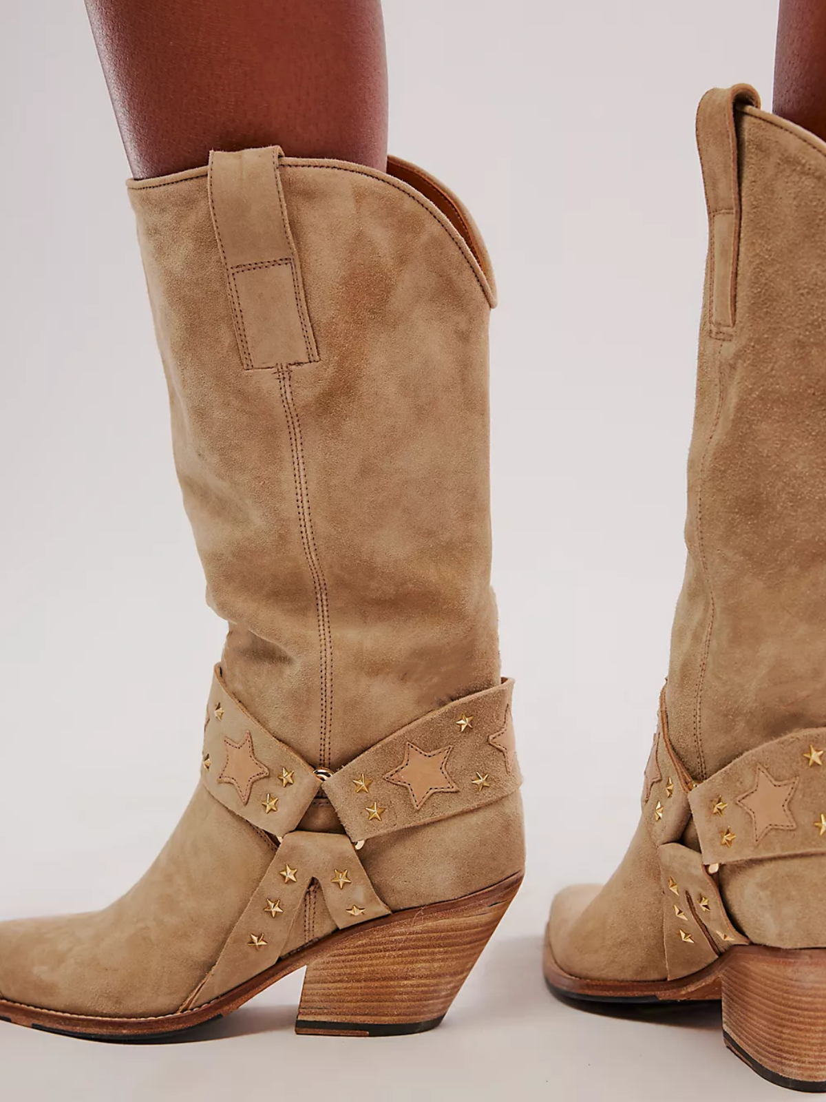 Tan Faux Suede Snip-Toe Wide Mid Calf Cowgirl Boots With Star-And-Stud-Adorned Straps