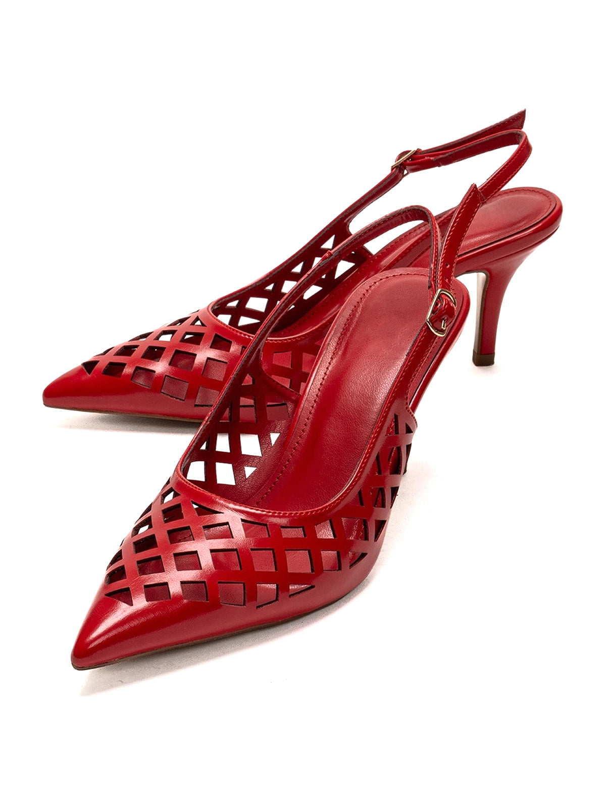 Red Pointed-Toe Cutout Chic Buckle Back Strap Kitten Heels