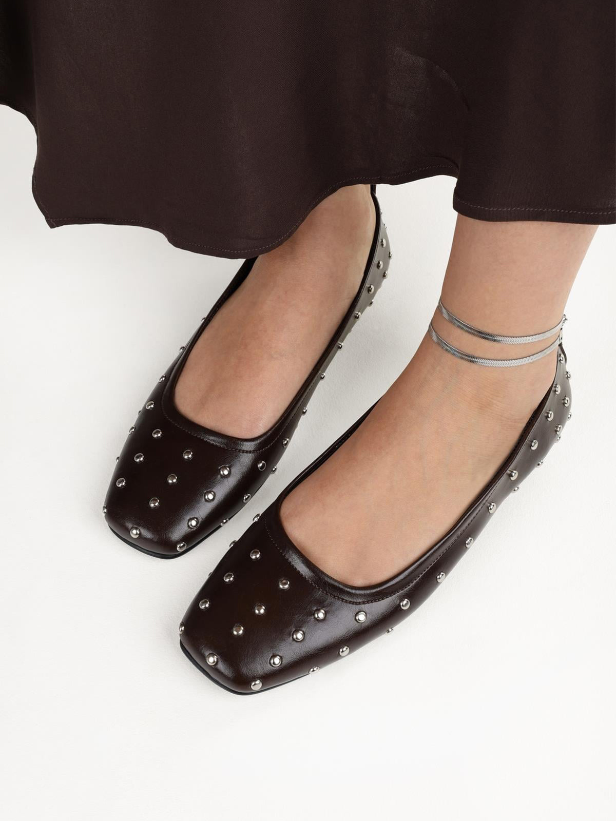 Coffee Square-Toe Tiny Studs Slip-On Flats