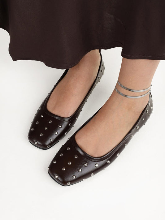 Coffee Square-Toe Tiny Studs Slip-On Flats