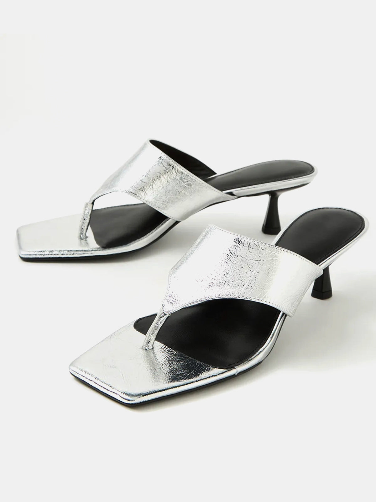 Square-Toe Slip-On Kitten Heel Sandals - Metallic Silver
