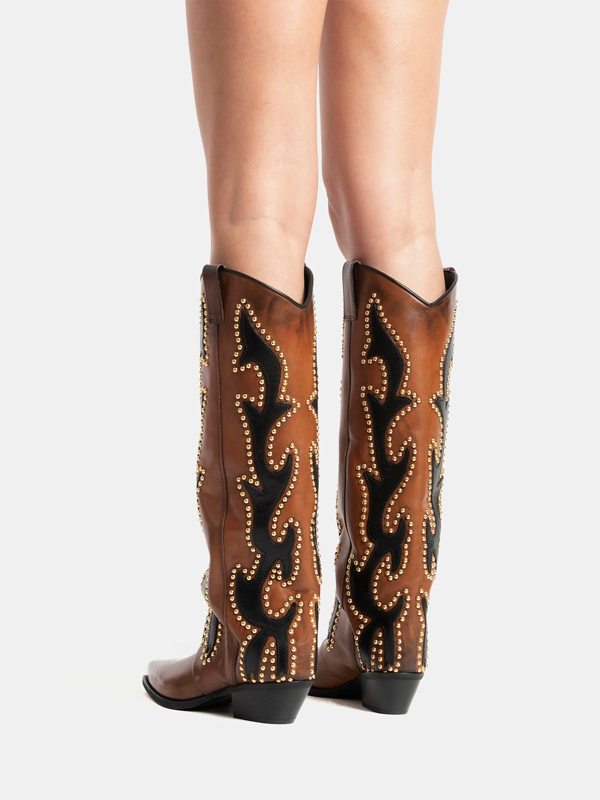 Brown Snip-Toe Inlays Studs Wide Calf Knee High Cowgirl Boots