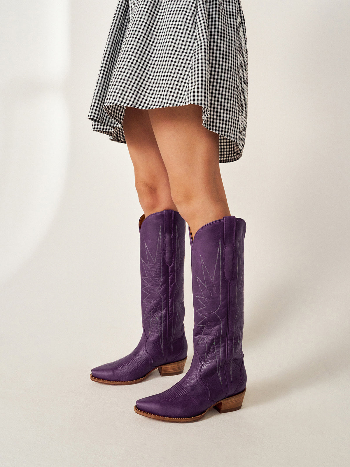 Dark Purple Snip-Toe Embroidery Wide Calf Knee High Cowgirl Boots