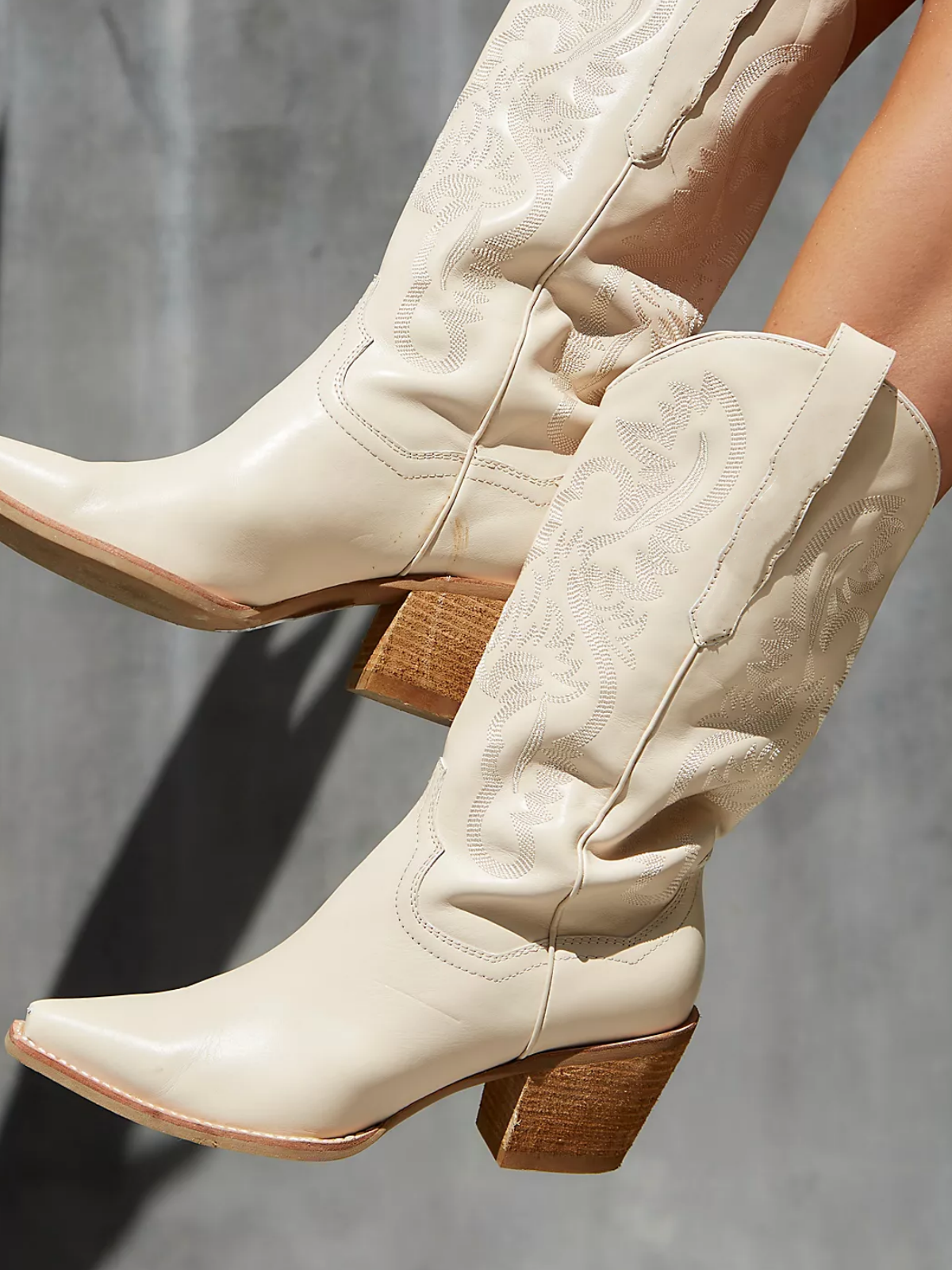 Cream Snip-Toe Western Embroidery Wide Mid Calf Tall Cowgirl Boots