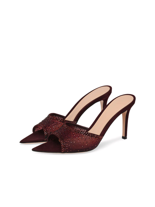 Rhinestones Mesh Open Pointed-Toe Backless Slip-On High Heels – Red