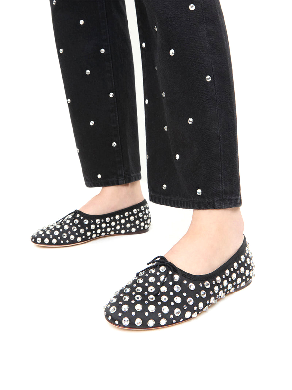 Black Rhinestone Mesh Round-Toe Front Bow Ballet Flats
