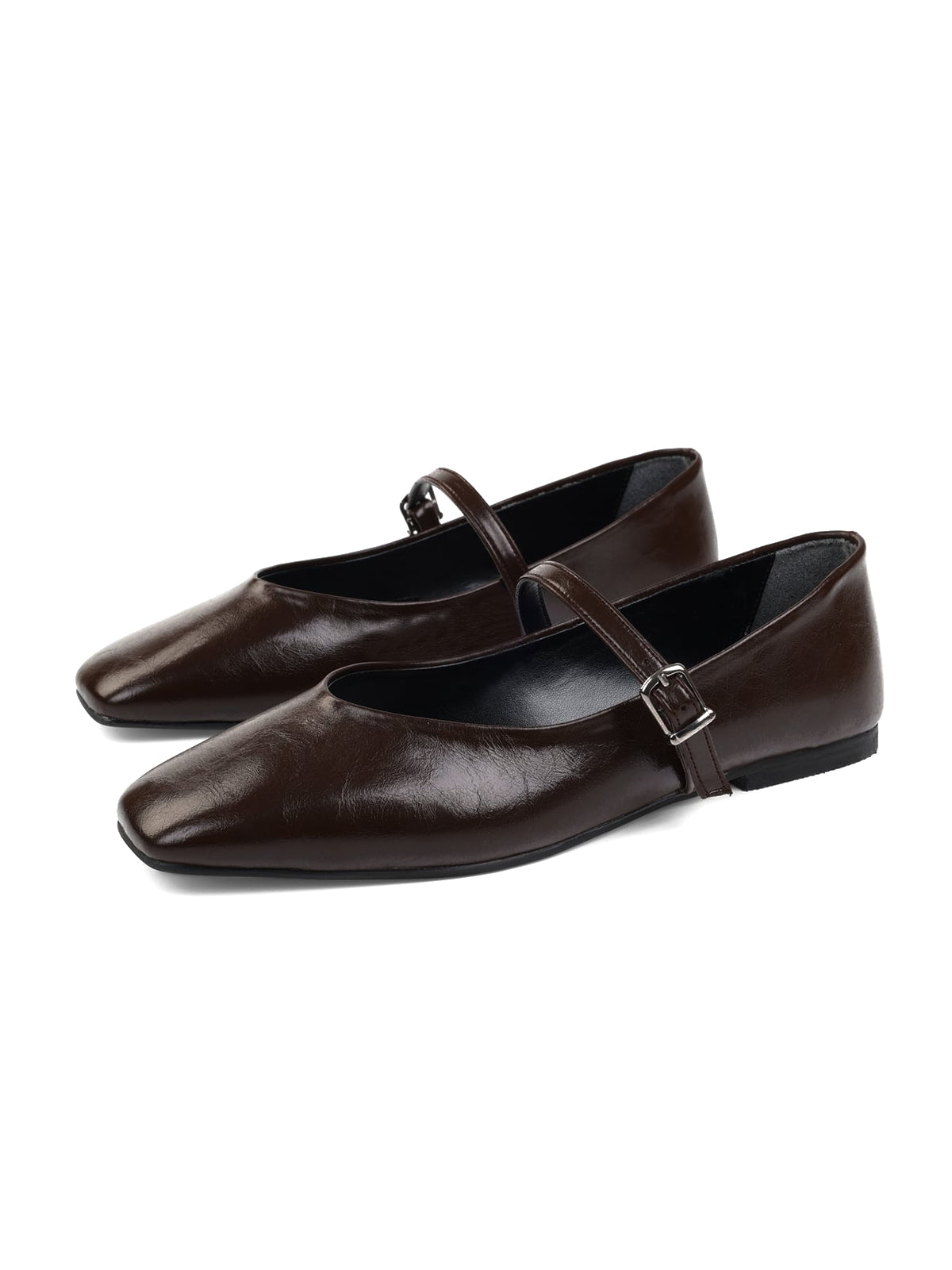 Coffee Square-Toe Buckle Bridge Strap Stylish Ballet Flats