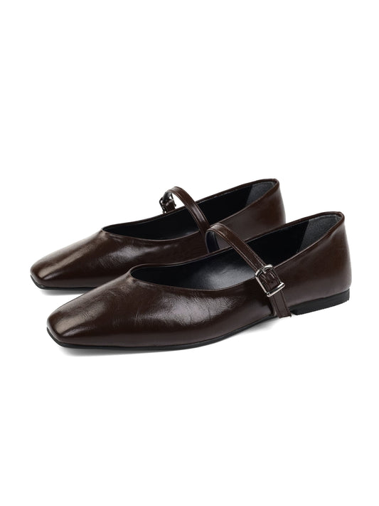 Coffee Square-Toe Buckle Bridge Strap Stylish Ballet Flats