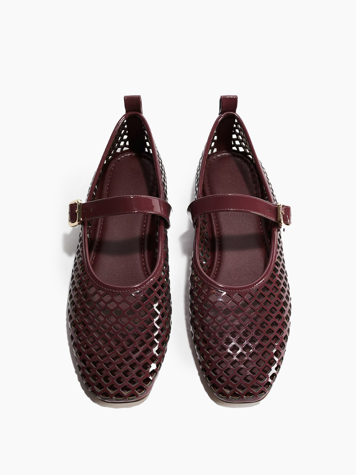 Perforated Square-Toe Bridge Strap Mary Jane Ballet Flats - Patent Burgundy