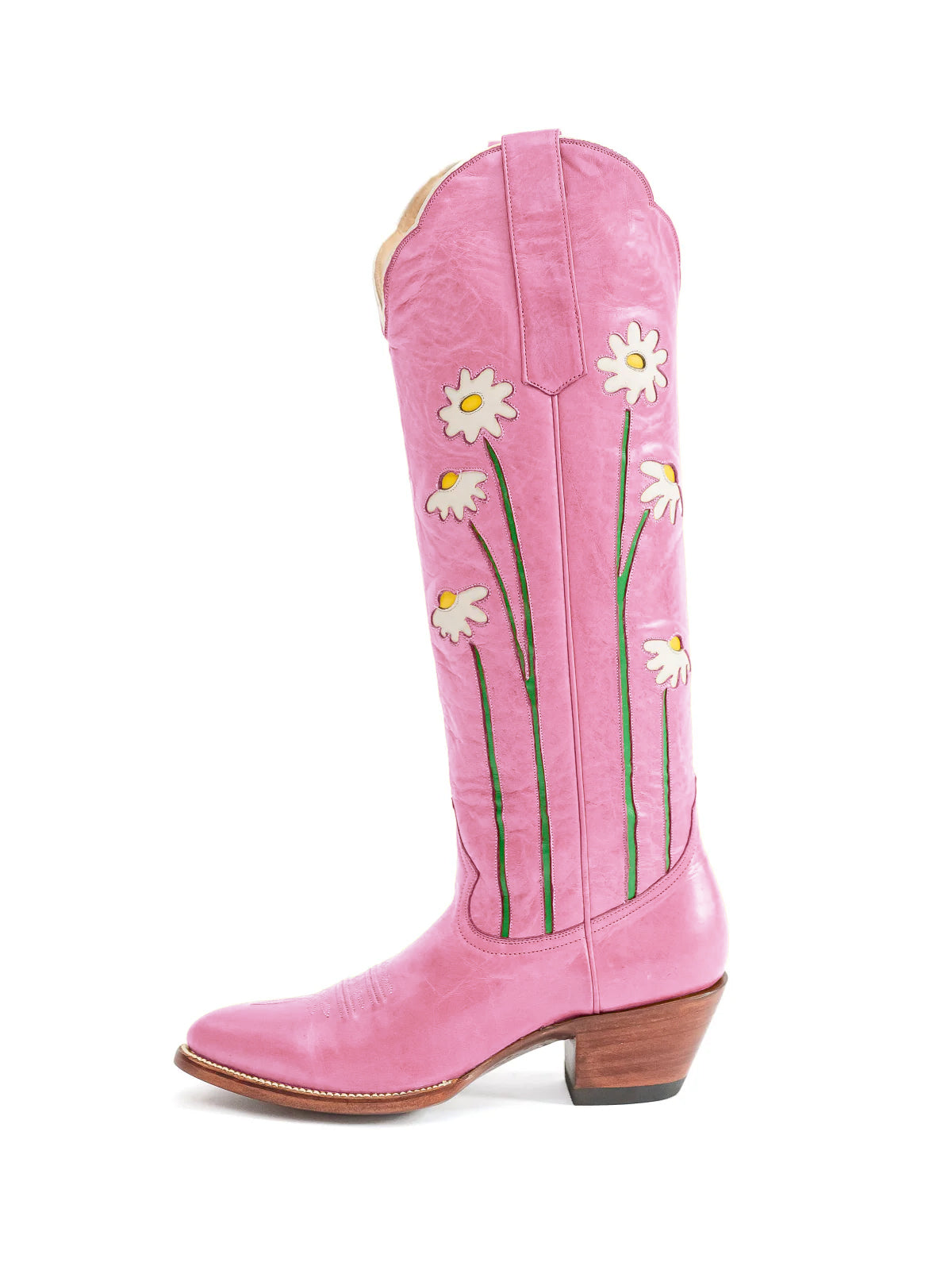 Pink Almond-Toe Wide Calf Western Boots Knee High Tall Boots With Floral Inlay
