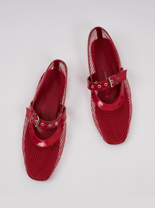 Red Fishnet Square Toe Ballet Flats Grommet Buckle Strap Mary Janes