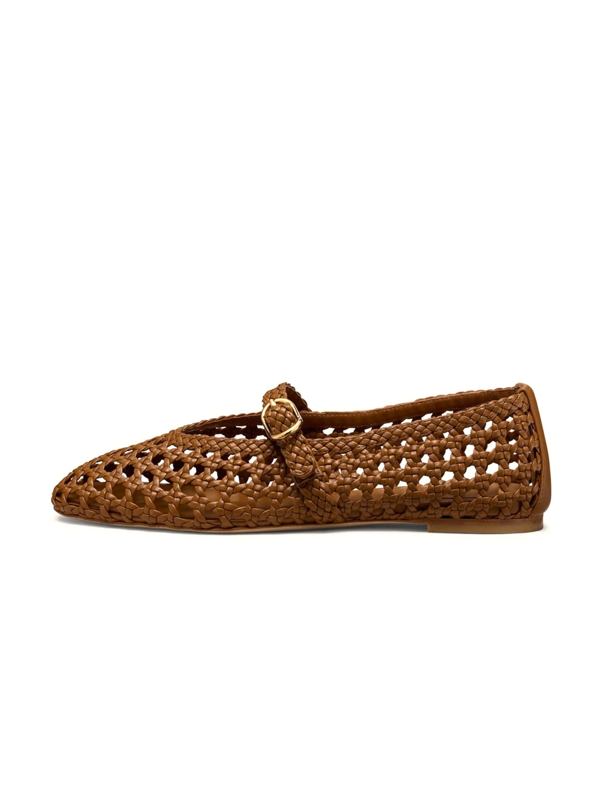 Tan Woven Vegan Leather Square-Toe Classic Buckle Bridge Strap Flats