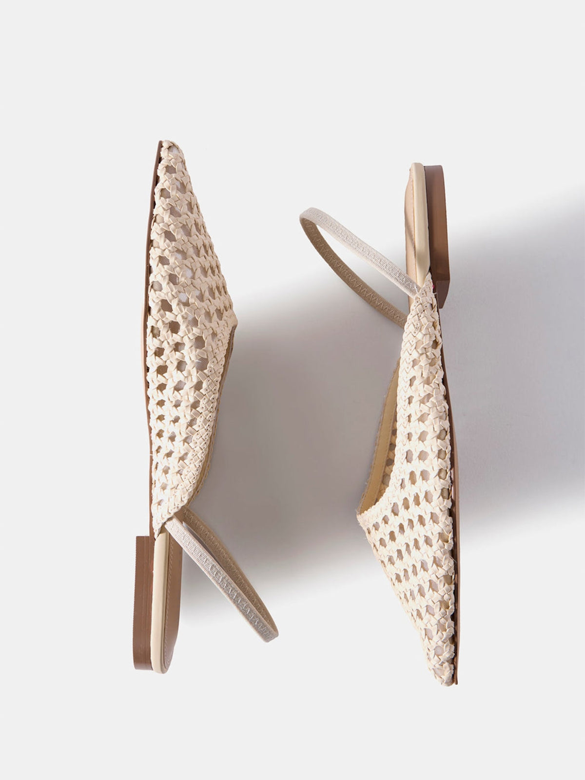 Cream Woven Vegan Leather Pointed-Toe Chic Back Strap Flats