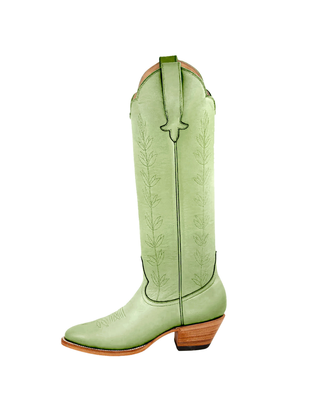 Almond-Toe Leaves Embroidery Wide Calf Knee High Cowgirl Boots - Matcha Green
