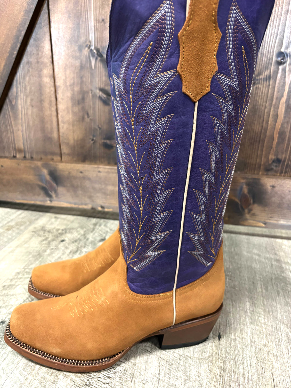 Contrast Brown And Purple Square-Toe Classic Embroidery Wide Calf Knee High Cowgirl Boots