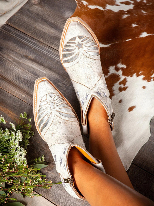 Distressed Ivory Snip-Toe Metallic Stars Inlay Full-Zip Ankle Cowgirl Boots