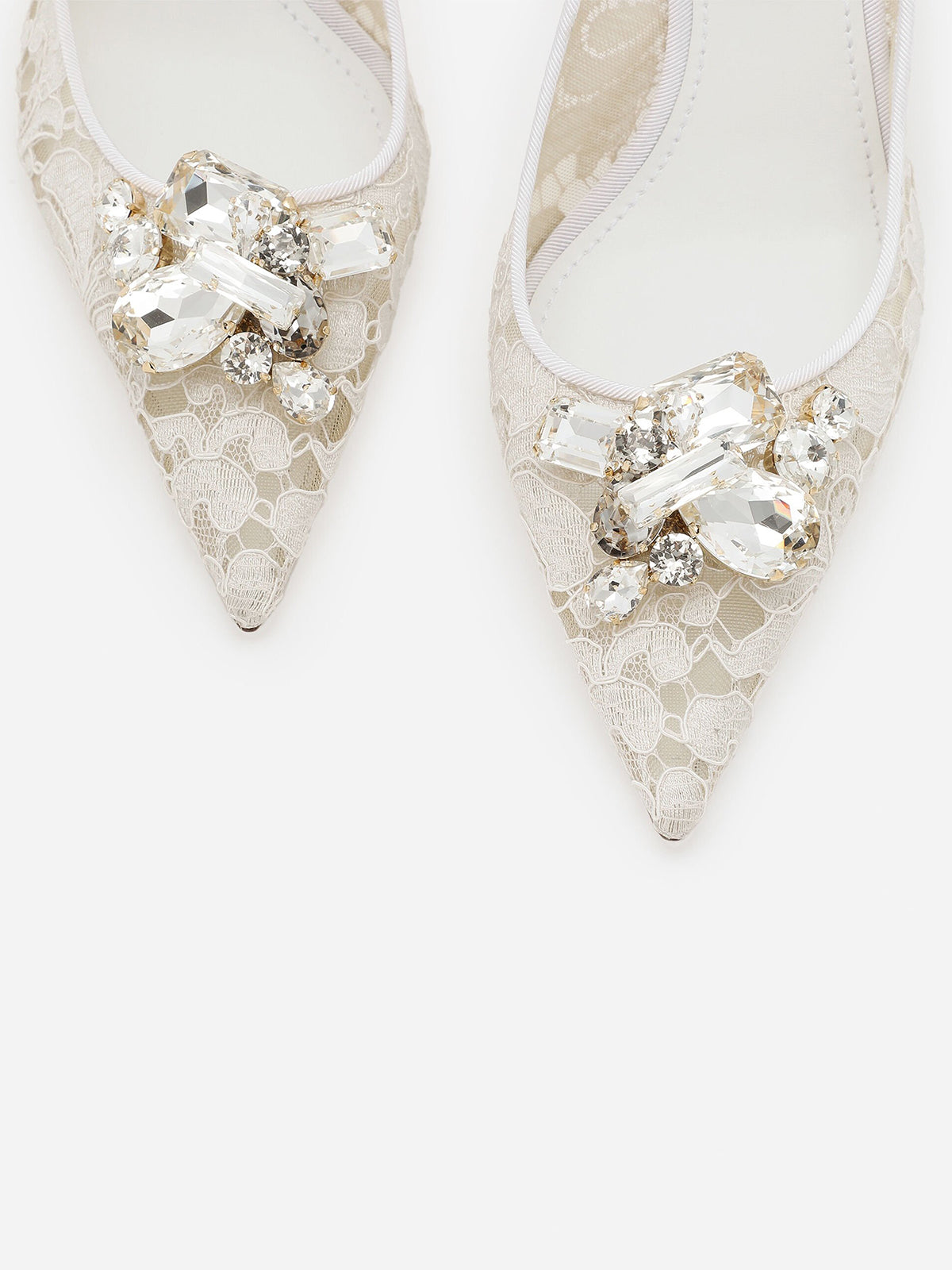 Ivory Lace Mesh Pointed-Toe Front Crystals Slingback High Heels Pumps