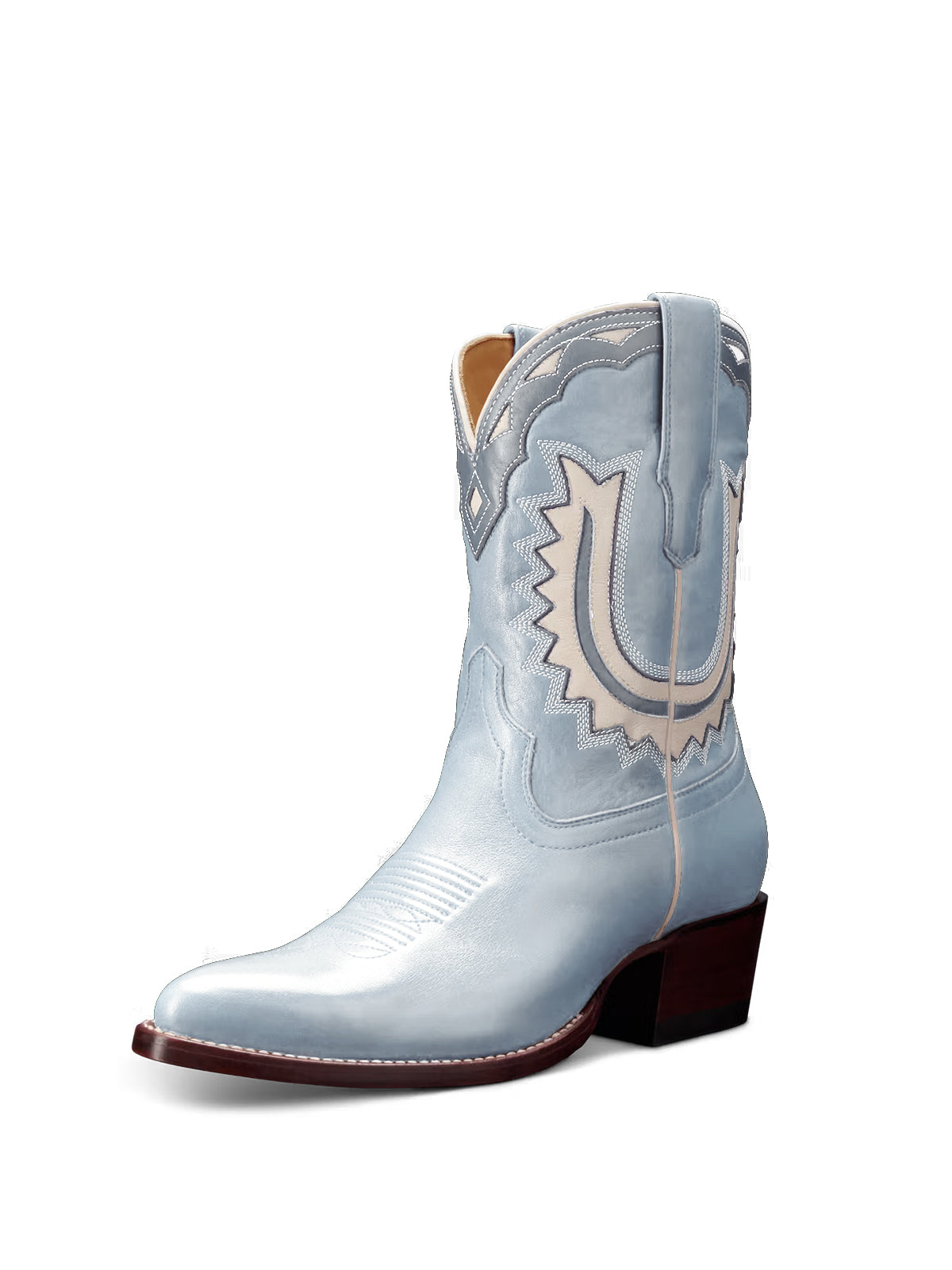 Light Blue Almond-Toe Horseshoe Inlay Cowgirl Ankle Boots