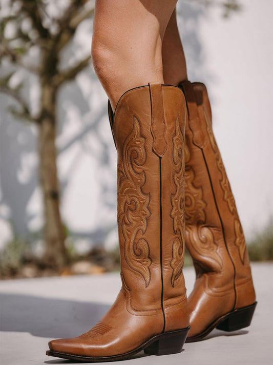 Brown Western Embroidery Tall Snip-Toe Knee High Cowgirl Boots