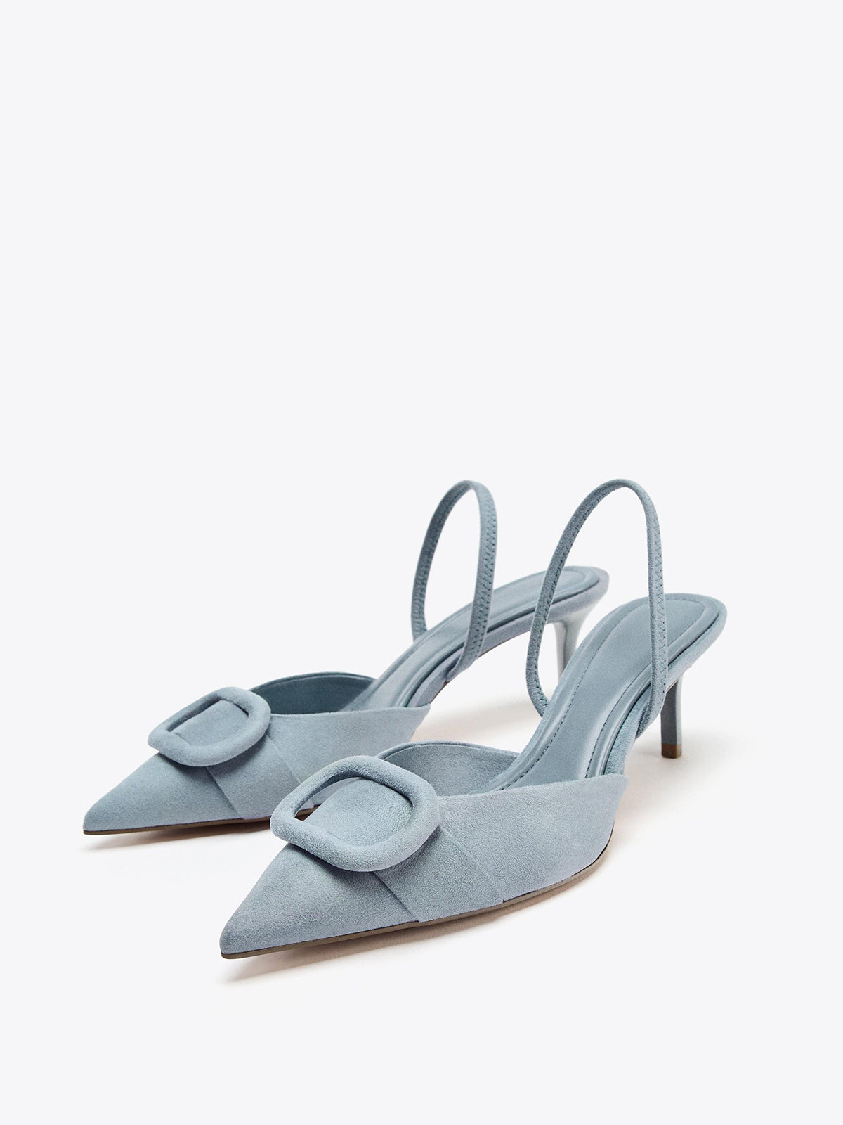 Blue Faux Suede Pointed-Toe Front Applique Slingback Kitten Heels